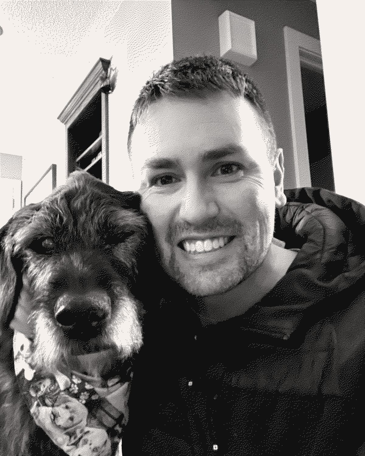Travis Rosset, the maker, with his dog &mdash; hand-engraved portrait